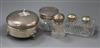 A George V silver trinket box, 2 silver topped glass boxes and a mounted 2 division ink pot                                            