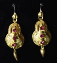 A pair of Victorian gold and pink stone set double gourd shaped drop earrings,                                                         