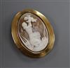 A 750 yellow metal mounted oval cameo brooch, carved with a lady with cherub, signed? on back, (Finnish gold marks), 57mm.             