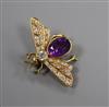 A yellow metal, amethyst and diamond set bug brooch, diameter 35mm.                                                                    