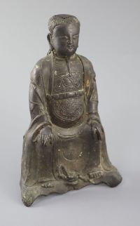 A Chinese bronze seated figure of Zhenwu, late Ming dynasty, 29cm high, casting faults, Provenance - A. T. Arber-Cooke                 