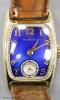 A gentleman's 1930's 14k gold filled Bulova manual wind wrist watch with blue enamel rectangular dial and subsidiary seconds, on a leather strap.                                                                           