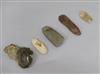 A prehistoric polished grey flint axe head, L 11cm and four other items,                                                               
