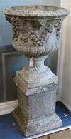 Pair of garden urns on pedestal bases W. approx. 60cm                                                                                  