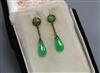 A pair of mid 20th century Chinese 14k yellow metal and jadeite drop earrings, 30mm.                                                   