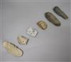 Six prehistoric flint axe heads, various,                                                                                              