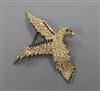 A 15ct gold, seed pearl and gem set parrot brooch, 65mm.                                                                               