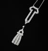 A 1920'1930's Art Deco 18ct gold, platinum and platinum set open work drop pendant, pendant 55mm.                                      