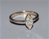 A modern 18ct white gold and solitaire marquise cut diamond ring, size O.                                                              