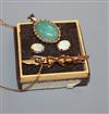 A yellow metal and jade pendant on 9ct chain, a 9ct brooch and a pair of 9ct and white opal earstuds.                                  