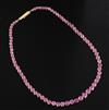 A gold and graduated round cut ruby line necklace, 40cm                                                                                