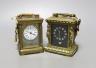Two small reproduction brass and enamel and brass and cloisonné carriage timepieces, largest 8 cms high.                                                                                                                    