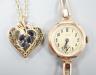 A lady's early 20th century 9ct gold manual wind wrist watch, on a 9ct strap(a.f.), gross weight 21.2 grams and a costume pendant on chain.                                                                                 