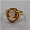 An 18ct gold and oval cameo ring, size N.                                                                                              