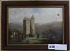 Continental School, oil on board, Besieged tower, indistinctly signed, 16 x 23cm.                                                      