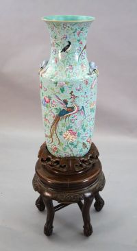 A large Chinese famille rose turquoise ground baluster vase, first half 19th century, total height 99cm                                