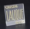 A Lalique frosted glass 'Crystal Lalique' display label with raised gilt lettering, 10 x 10cm.                                         