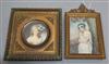 Daick, c.1900 An oil on ivory miniature of a classical lady beside a tree, signed, and a miniature of a lady 11.5 x 8.5cm. & 7cm.      