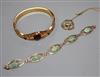 An early 20th century yellow metal, peridot and seed pearl pendant on chain, a 9ct gold and green cabochon bracelet etc.               