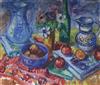 E. G., oil on canvas, table top still life, signed and dated 1982, 24 x 28in.                                                          