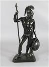 After the antique. A bronze figure of a warrior standing holding a spear shaft, shield and sword, height 34in. (a.f.)                  