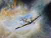 R Adamson, oil on canvas, spitfire amid clouds, 34.5 x 46cm                                                                            