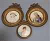 Three early 20th century French oil on ivory miniatures; Lady and gentleman signed Bac/Duval, 8cm and Mmme Recamier, 7cm.              