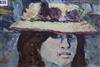 Rene Galant, oil on canvas, Young girl wearing a flowered hat, signed verso, 24 x 35cm, unframed                                       