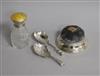 A George V silver mounted pin cushion, two Victorian silver caddy spoons and a silver and enamel topped scent bottle.                  