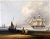 Attributed to Robert Strickland Thomas (1787-1853) A warship off the coast and Fishing boats on the beach at low tide, 10.5 x 13.5in.  