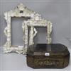 Two Jerusalem mother of pearl frames and a Chinese laquered work box W.34cm. H.15cm.                                                   