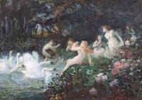 Henri-Théodore Fantin-Latour (French 1836-1904) Symbolist Nymphs being chased by swans 9.5 x 13.5in.                                   