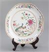 A Chinese export famille rose 'double peacock' octagonal dish, Qianlong period, width 24.5cm                                           
