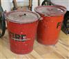 Two red painted galvanised fire buckets                                                                                                