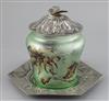 An Art Nouveau Val St Lambert cameo glass biscuit barrel with Orivit pewter cover and stand, c.1910, H. 18cm                           