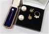 A 9ct gold and triple cultured pearl ring, a pair of gold and pearl earclips, a pair of simulated mabe pearl earclips and a tie pin.   