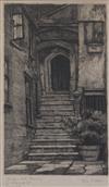 T.J. Farnworth, pair of watercolours, landscape and an etching, 'Strangers Hall Doorway, St Andrew Street, Norwich by Elsie V. Cole, la