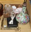 A Chinese famille rose lamp, lustre tea for two, a mirror and a collection of spirit measures etc                                      