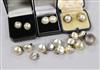 Two pairs of 9ct gold and mabe pearl earclips, assorted pairs of simulated pearl earclips and a silver and paste ring.                 