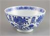 A Chinese blue and white bowl, 16th/17th century, D. 20.3cm, hairline cracks                                                           