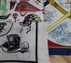 Three Hermes silk scarves,'Armes de Chasse', 'Les Folies du Ciel' and 'Carriages',                                                     