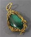 A 1970's 9ct gold and malachite set drop pendant brooch, 62mm.                                                                         