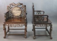 An impressive pair of Chinese hongmu and mother of pearl inlaid throne armchairs, c.1910, 70cm wide, 103cm high, Provenance - A. T. Arb