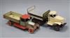 Two spring loaded French tin plate pick up trucks                                                                                      