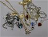 A 9ct gold pendant on a 9ct gold chain and a small group of assorted jewellery including costume and silver.                           