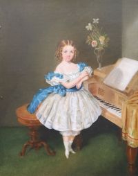 Mid 19th century Continental School Full length portrait of a girl wearing a blue and white dress standing before a piano forte 29.5 x 