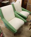 A pair of 1960's green and cream upholstered armchairs                                                                                 