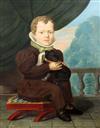 Continental School Portrait of a seated child holding a lap dog 31 x 25in.                                                             