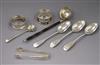 A group of small silver including two serviette rings, salt spoon, a pair of sugar tongs, a silver toddy ladle and three teaspoons (8) 