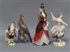 A Royal Doulton figure, 'Mantilla', two Continental porcelain figures and a decorative Chinese ceramic parrot (faults)                 